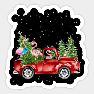 Christmas Three Flamingo Ride Red Truck Xmas Santa Hat Sticker